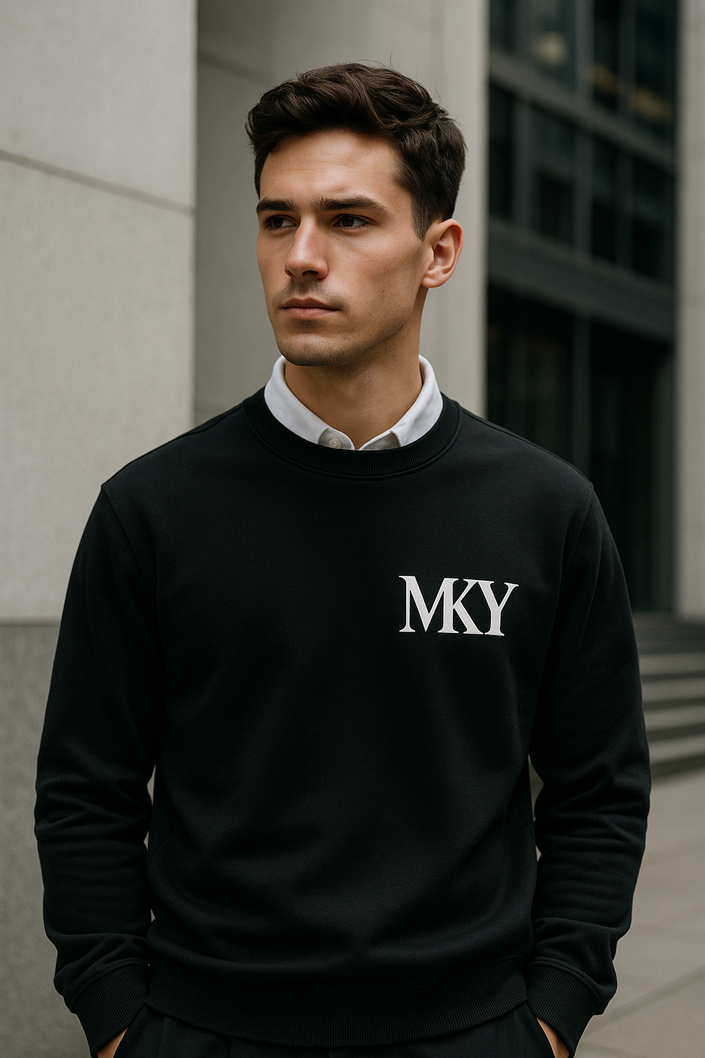 Sweatshirt homme MKAYLS coupe droite en tissu doux gris clair, logo discret sur la poitrine