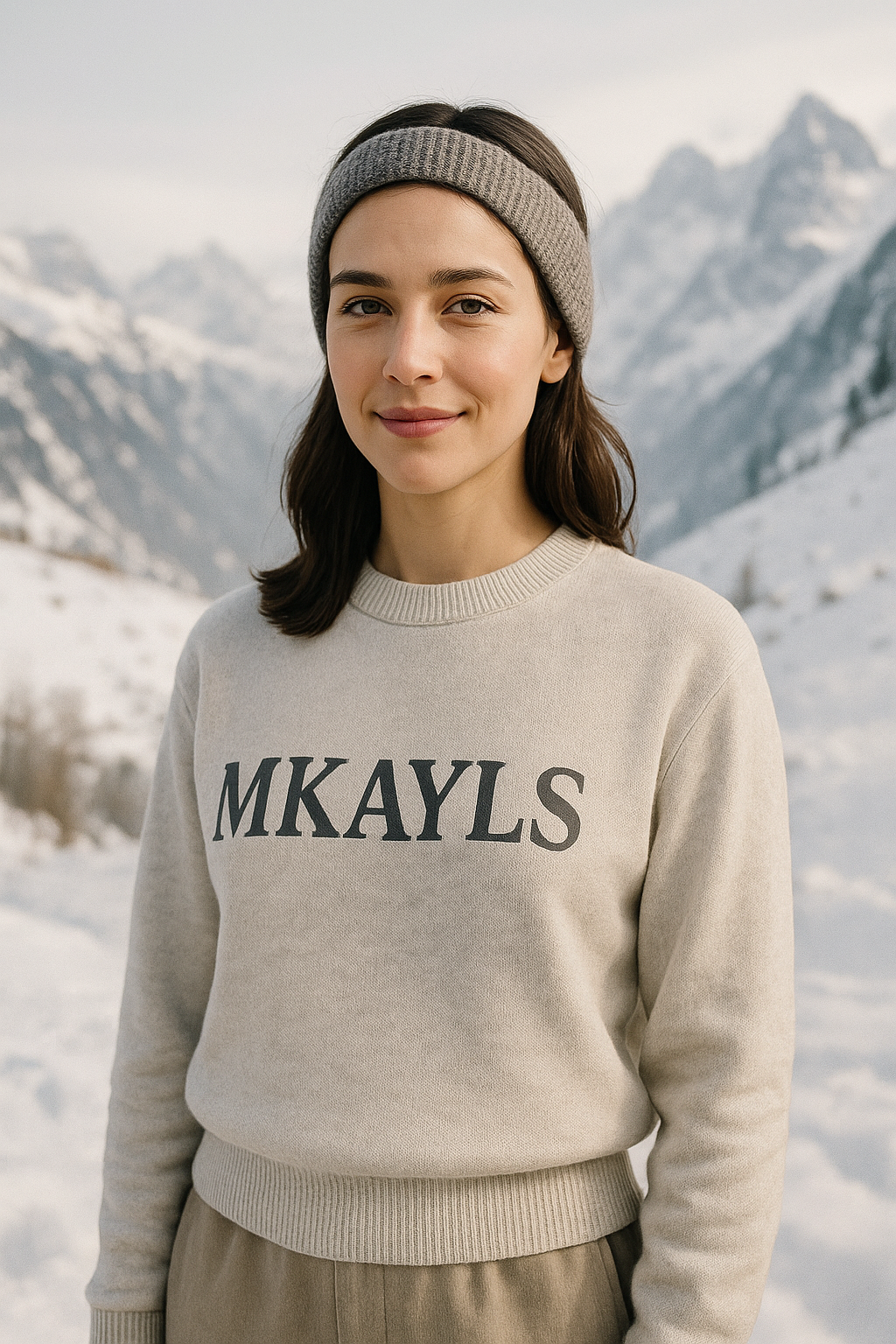 Sweat femme beige MKAYLS vue avant avec broderie logo centrée sur la poitrine