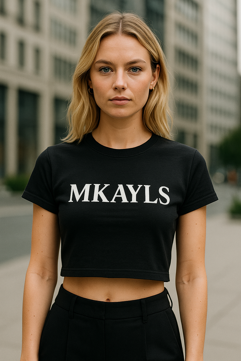 Détail du logo brodé MKAYLS sur le crop top, finition couture invisible