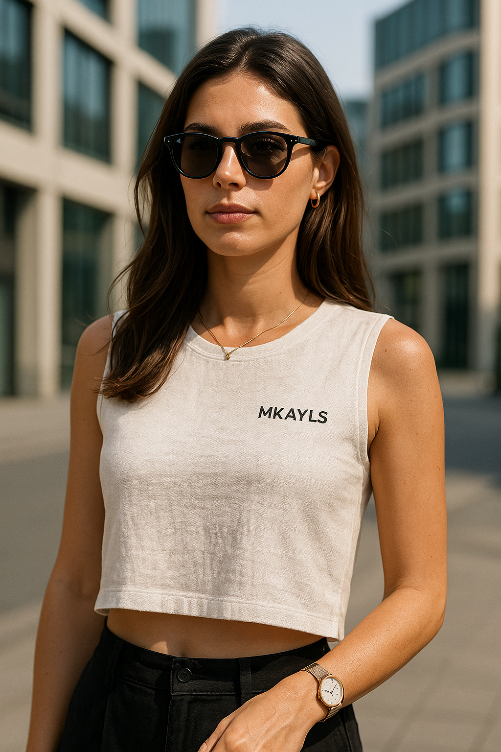Zoom sur les finitions flatlock et bord côte du t-shirt crop sans manche femme en coton bio