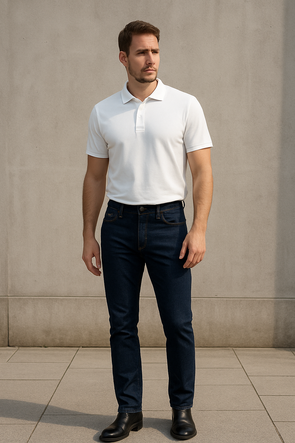 Jean homme ajusté en denim 99% coton avec coutures bordeaux contrastées et bouton Old Brass