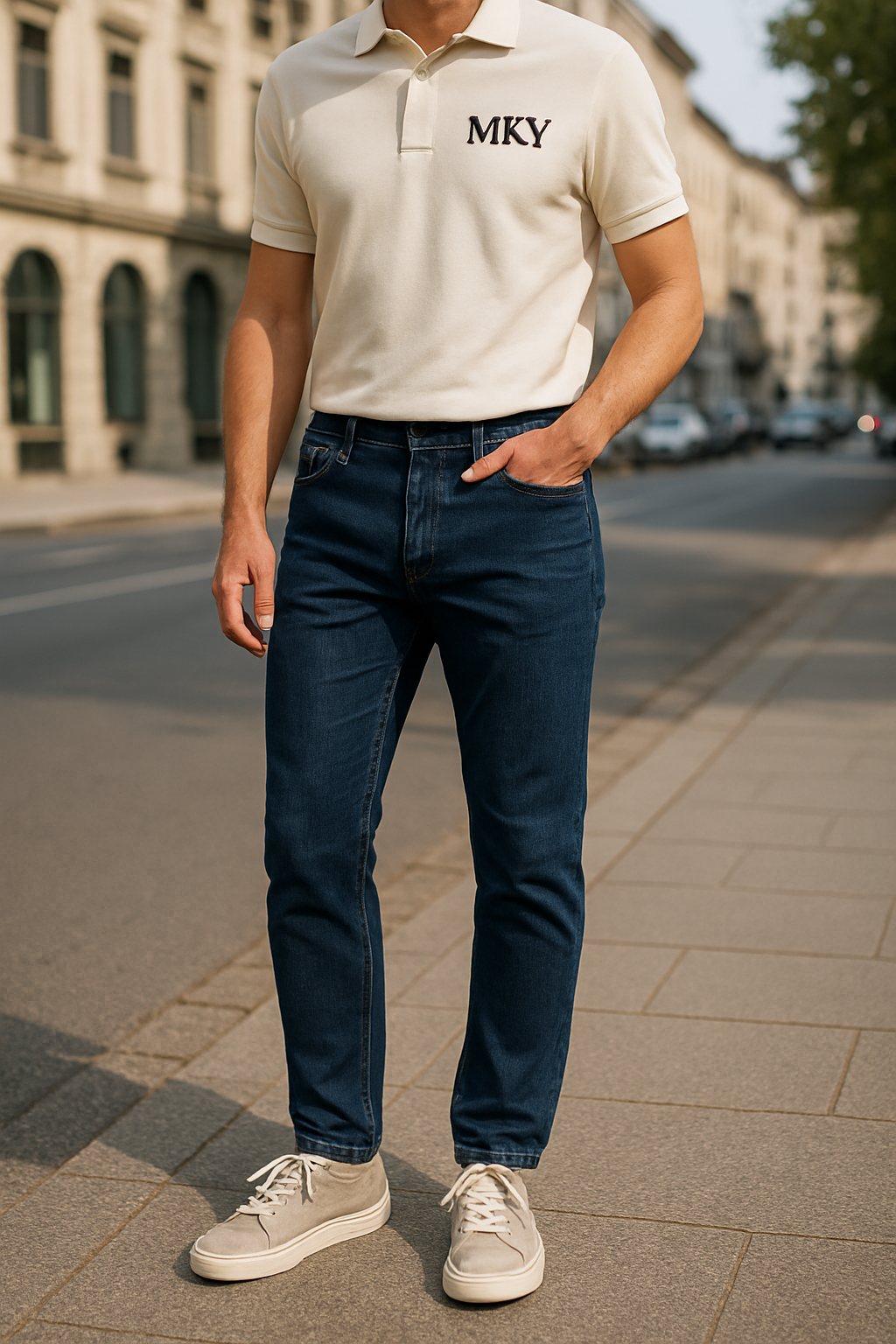 Jean basic homme coupe moderne avec coutures contrastées et poches avant
