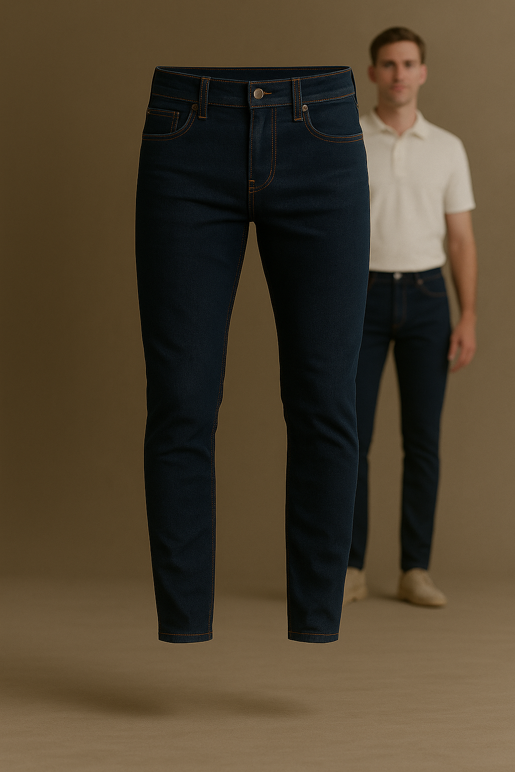 Vue arrière du jean homme avec poches plaquées et ceinture à bande contrastée intérieure